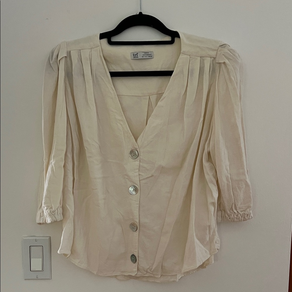 Zara Cream V-Neck Button Front Women's Top